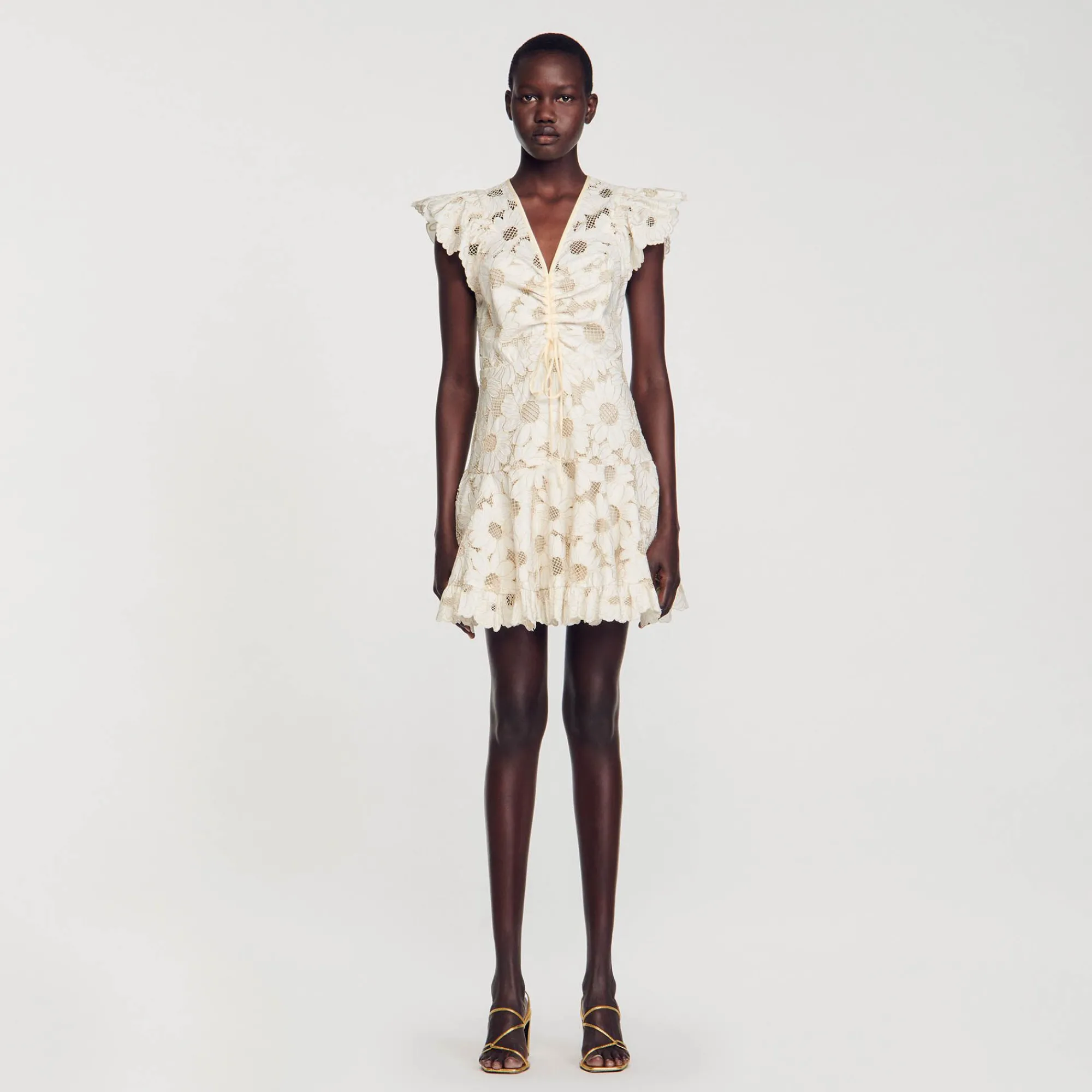 Mulheres Sandro Paris Vestido Curto Guipura Com Margaridas