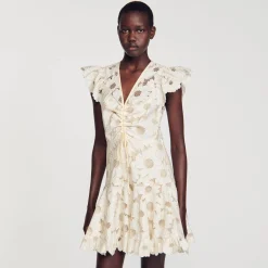 Mulheres Sandro Paris Vestido Curto Guipura Com Margaridas