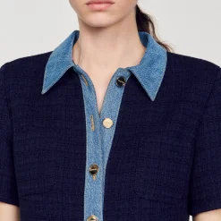 Mulheres Sandro Paris Vestido Curto Jeans E Tweed