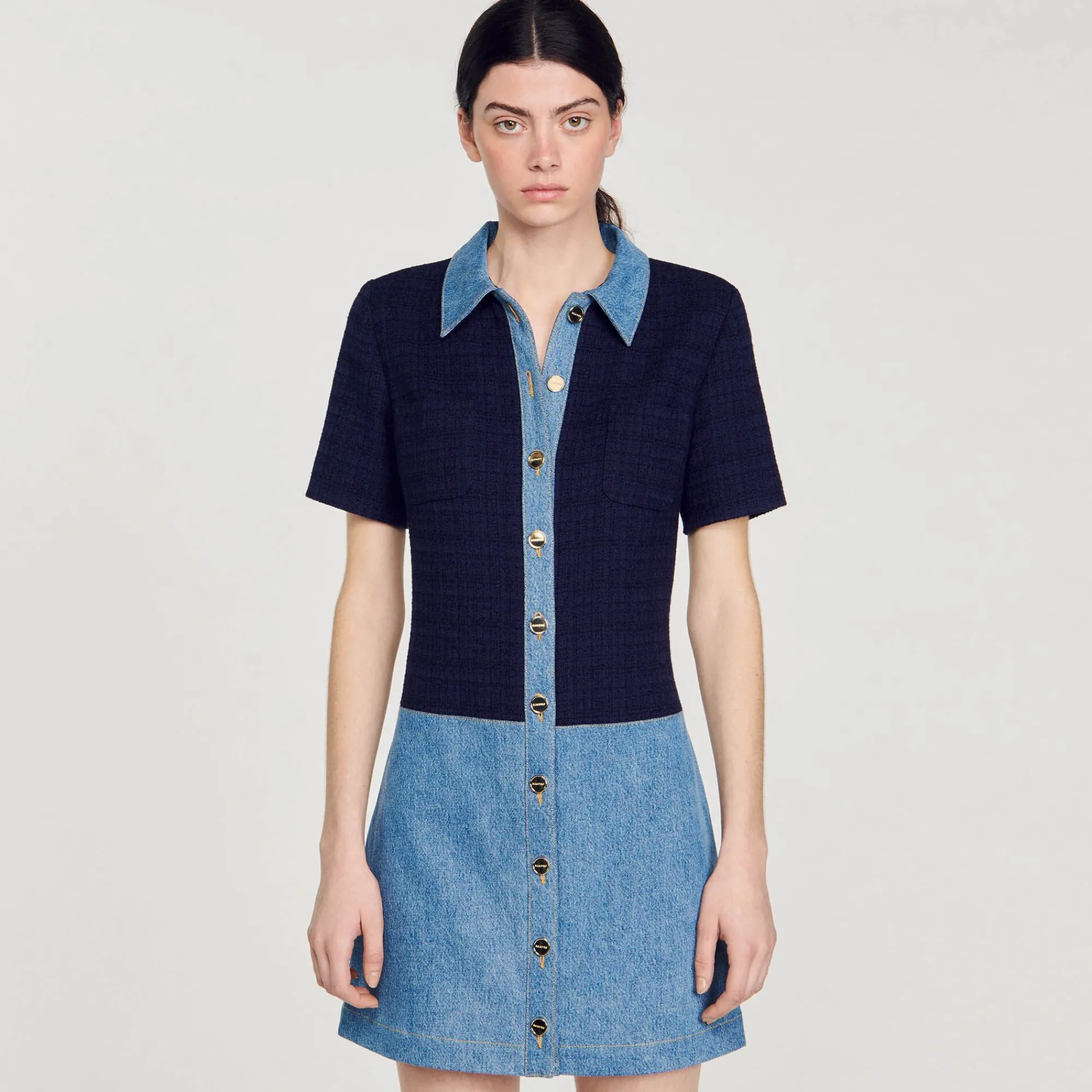 Mulheres Sandro Paris Vestido Curto Jeans E Tweed