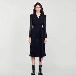 Mulheres Sandro Paris Vestido De Manga Comprida Bimaterial