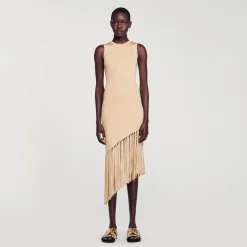 Mulheres Sandro Paris Vestido Longo Assimetrico Com Franjas