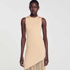 Mulheres Sandro Paris Vestido Longo Assimetrico Com Franjas