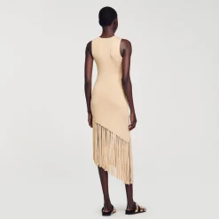 Mulheres Sandro Paris Vestido Longo Assimetrico Com Franjas
