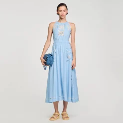 Mulheres Sandro Paris Vestido Longo Com Bordado Ingles