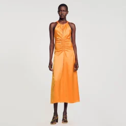 Mulheres Sandro Paris Vestido Longo De Cetim E Franzido