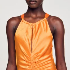 Mulheres Sandro Paris Vestido Longo De Cetim E Franzido