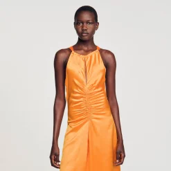 Mulheres Sandro Paris Vestido Longo De Cetim E Franzido