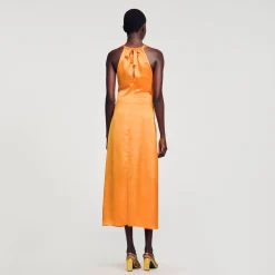 Mulheres Sandro Paris Vestido Longo De Cetim E Franzido