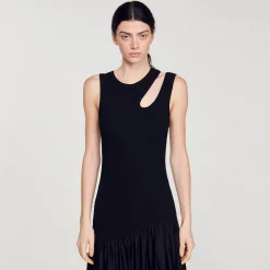 Mulheres Sandro Paris Vestido Longo De Dois Materiais