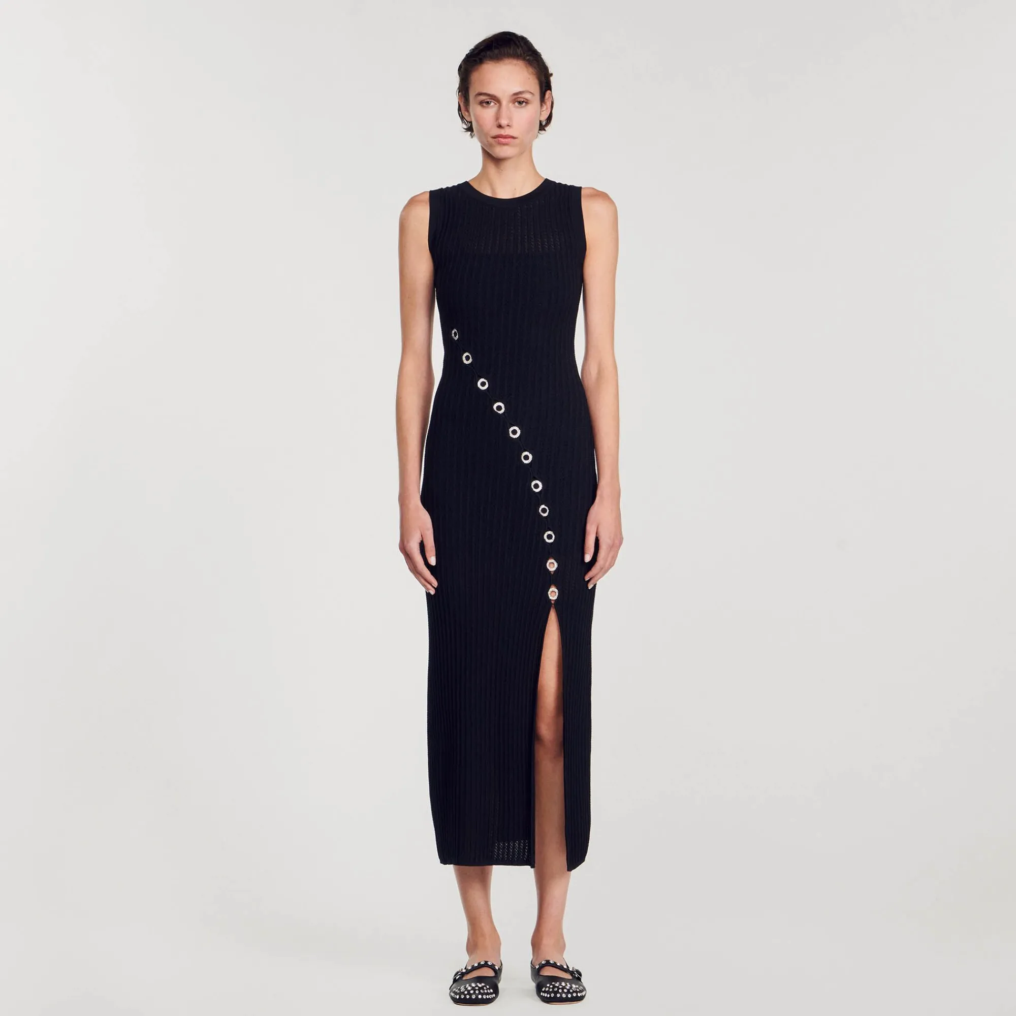 Mulheres Sandro Paris Vestido Longo Decorado Com Diamantes