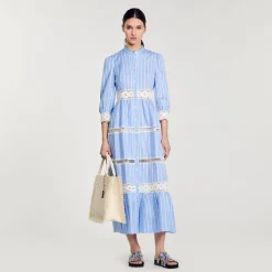 Mulheres Sandro Paris Vestido Longo Listrado De Algodao