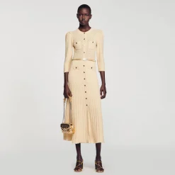 Mulheres Sandro Paris Vestido Midi Tricot Pointelle